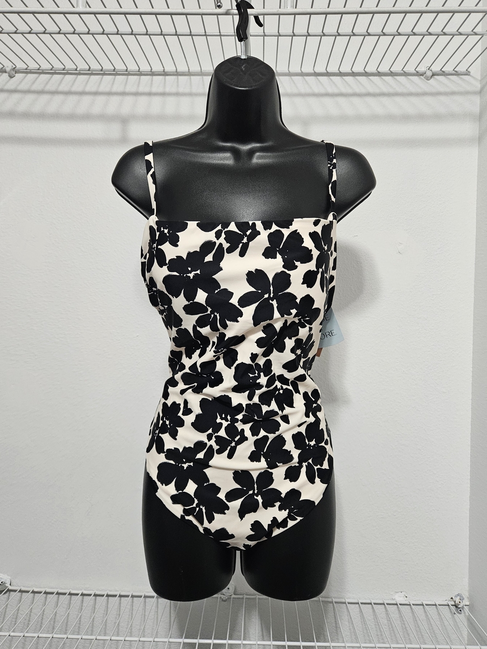 Black Floral Print Cream One-Piece Swimsuit with Square Neck